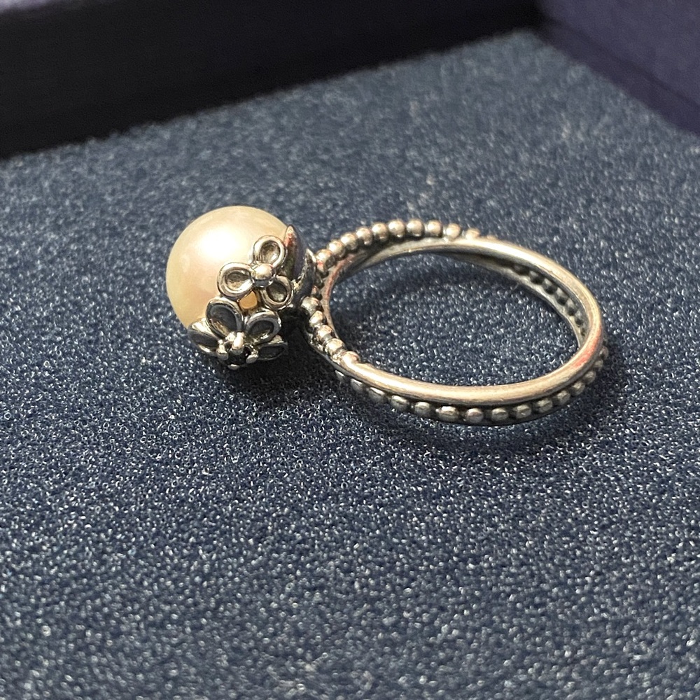 Pandora Garden Odyssey, white pearl & black CZ sterling 925 ring 190848P size 54